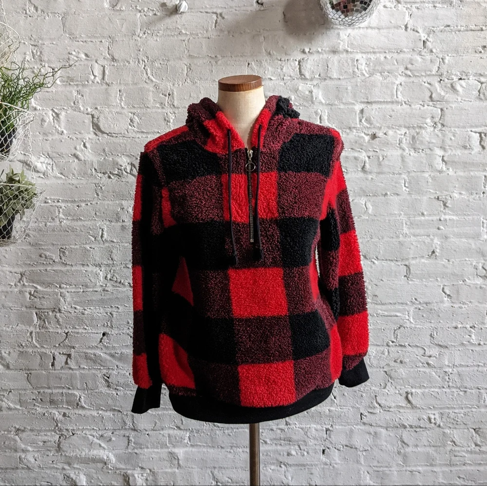 *** SOLD *** Y2K Retro Furry Sherpa Checkered Hooded Lumberjack Plush Sweater
